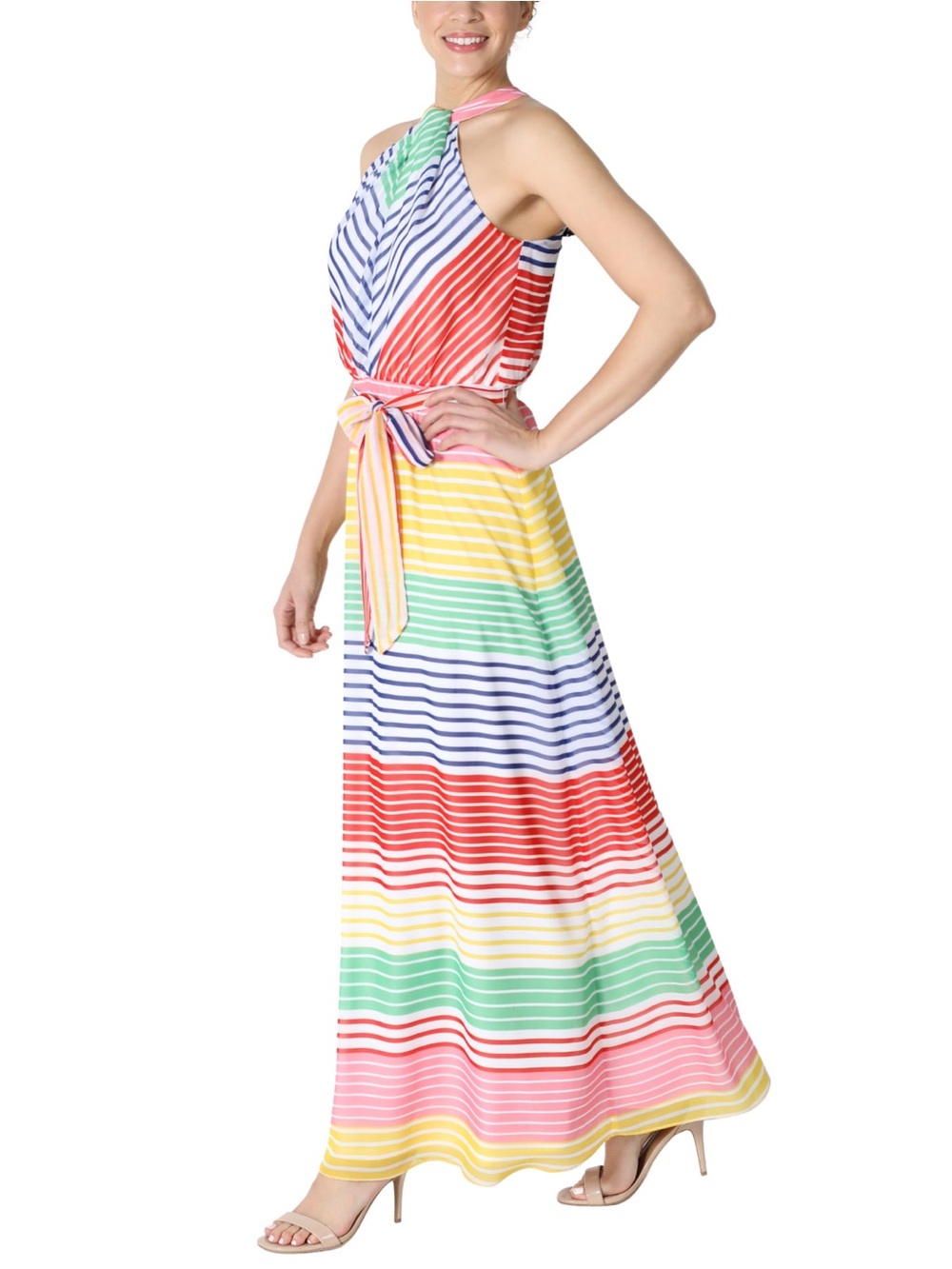 Julia Jordan Multi Colored Striped Chiffon Halter Knot Neck Maxi Dress